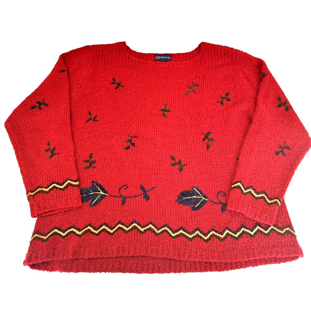 Bushwacker Chunky Knit Sweater Womens 3X Red Floral Geometric Wool Blend Cottage